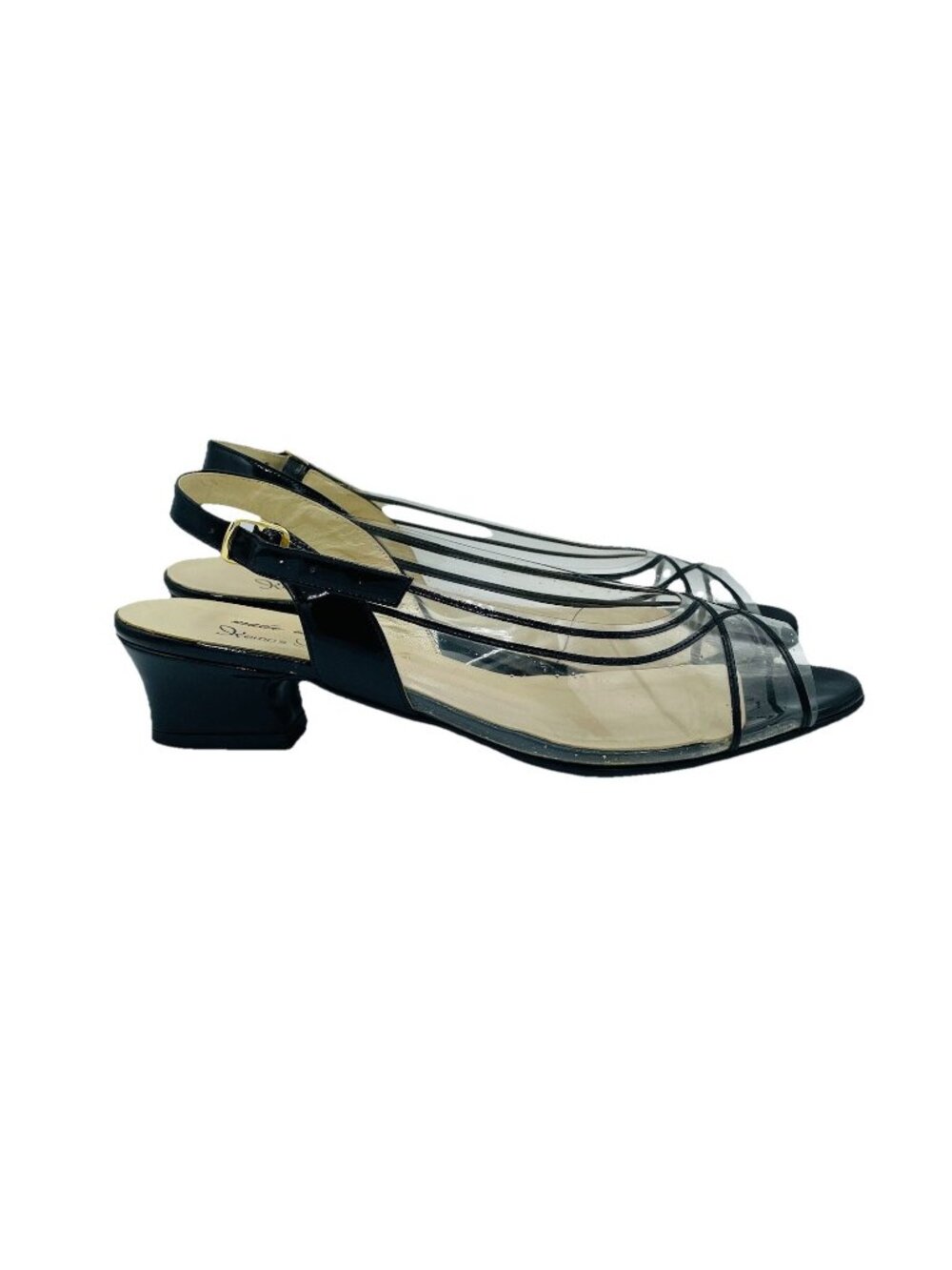 Womens Shoes Size 9 M Black Clear Kitten Heels Pumps Peep Toe Slingback Buckle